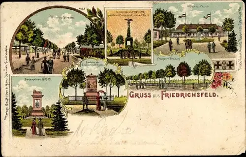 Litho Friedrichsfeld Wesel Niederrhein, Wilhelmstraße, Offizierskasino, Denkmal, Franzosenfriedhof