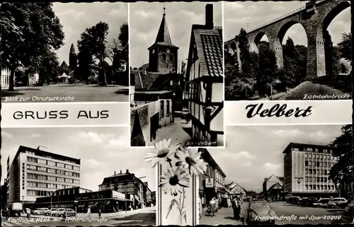Ak Velbert in Nordrhein Westfalen, Christuskirche, Eisenbahnbrücke, Kaufhaus HEKA, Sparkasse