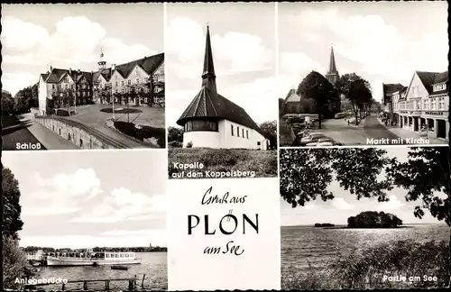 Ak Plön am See Schleswig Holstein, Schloss, Kapelle, Markt, Anlegebrücke, See