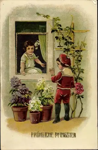 Präge Ak Glückwunsch Pfingsten, Kinder am Fenster, Blumen