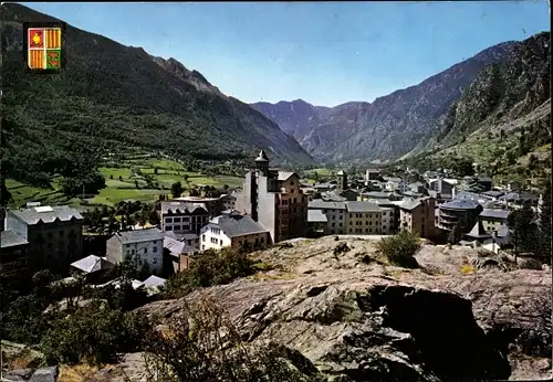 Ak Roche des Bruges Andorra, vue partielle, vallée, blason