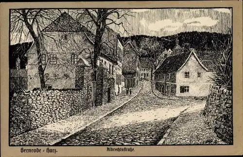 Künstler Ak Gernrode Quedlinburg im Harz, Albrechtstraße, Steinmauern, Häuserpartie