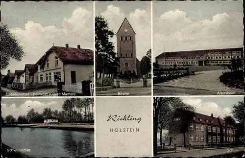 Ak Rickling Schleswig Holstein, Kirche, Altersheim, Schwimmbad, Schule, Lebensmittelladen