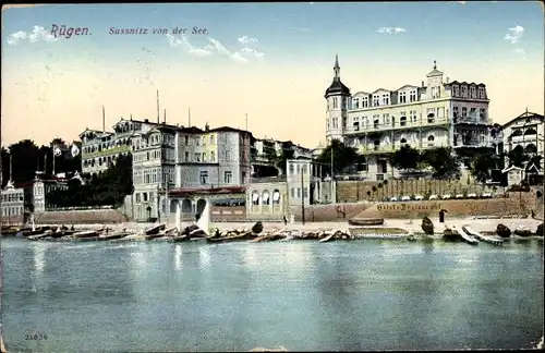 Ak Sassnitz auf der Insel Rügen, Hotel Restaurant, Bootshafen, Strand, Blick von der See