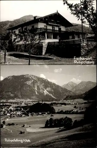 Ak Ruhpolding in Oberbayern, Fischerwirt, Bergpanorama Dorfansicht