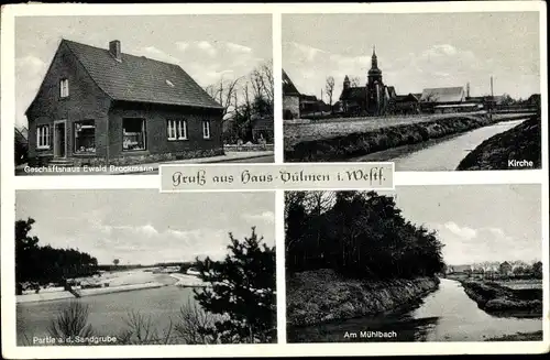 Ak Hausdülmen Dülmen in Nordrhein Westfalen, Geschäft, Kirche, Mühlbach, Sandgrube