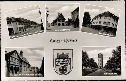 Ak Groß Gerau in Hessen, Rathaus, Wasserturm, Sandböhl, Wappen