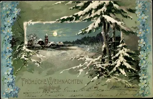 Präge Ak Frohe Weihnachten, Tannenbäume, Winterlandschaft, Vergissmeinnicht