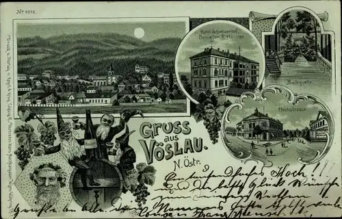 Mondschein Litho Bad Vöslau Niederösterreich, Hotel Schweizerhof, Bacchus, Badequelle, Hochstraße