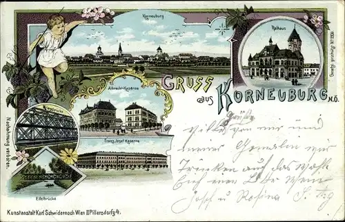 Litho Korneuburg in Niederösterreich, Rathaus, Albrecht Kaserne, Franz Josef Kaserne, Eifelbrücke
