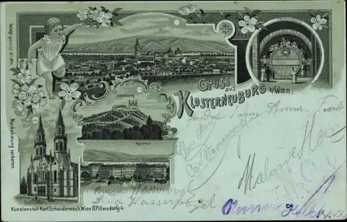 Mondschein Litho Klosterneuburg in Niederösterreich, Kaserne, Leopoldsberg, Stiftskirche, Panorama