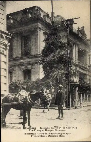 Ak Thessaloniki Griechenland, Rue Franque, Banque Ottomane, Incendie en 1917