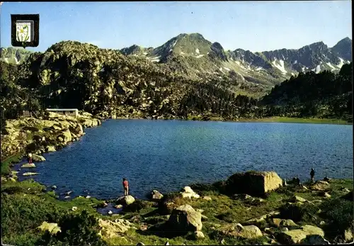 Ak Andorra, Llac dels Pessons i Pic Montmalús, vue panoramique, blason