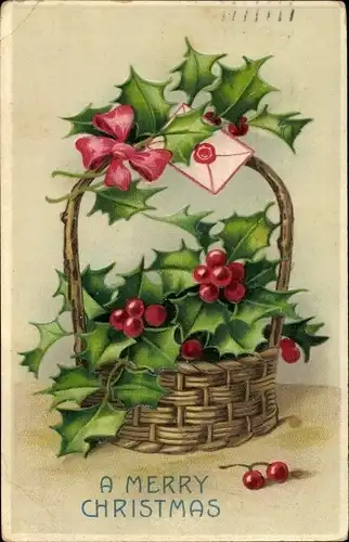 Präge Ak Frohe Weihnachten, Stachelpalme, Korb, Umschlag