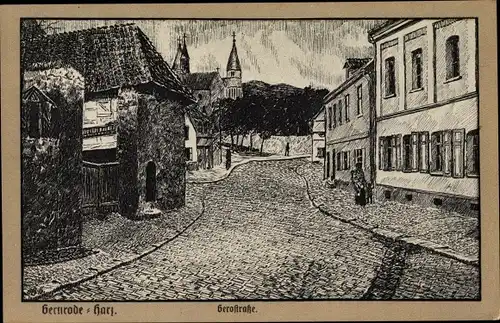 Künstler Ak Gernrode Quedlinburg im Harz, Gerostraße, Kopfsteinpflaster, Stiftskirche, Häuser