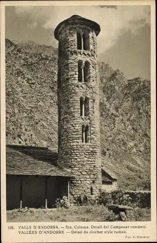 Ak Santa Coloma Andorra, Detall del Campanar romànic
