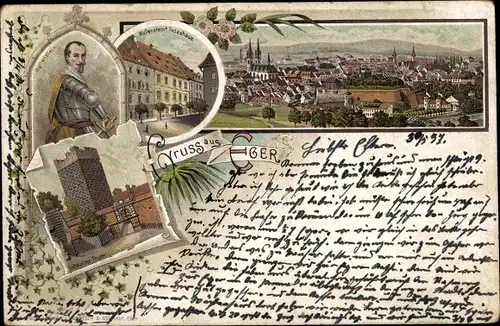 Litho Cheb Eger Reg. Karlsbad, Panorama vom Ort, Wallenstein, Portrait, Todeshaus, Schwarzer Turm