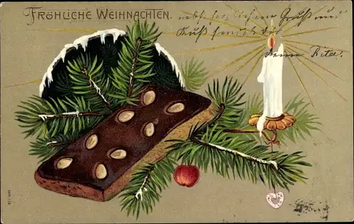 Präge Ak Frohe Weihnachten, Lebkuchen, Tannenzweig, Kerze