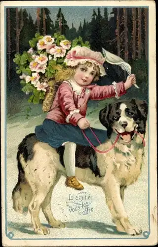 Präge Ak Mädchen, Allegorie auf den Frühling, berittener Hund, Wald, Schneelandschaft