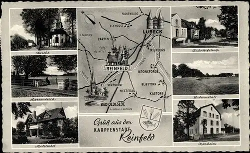 Landkarten Ak Reinfeld in Holstein, Kirche, Herrenteich, Holstenhof, Bahnhofstraße, Kurheim