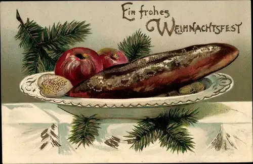 Präge Ak Frohe Weihnachten, Lebkuchen, Äpfel, Tannenzweig