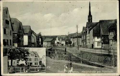 Ak Miehlen Taunus, Hauptstraße mit Mühlbach, Gasthaus zur Friedenseiche