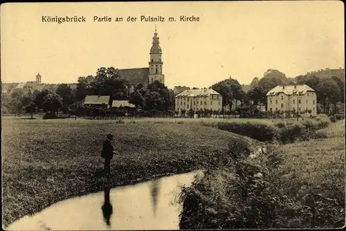 Ak Königsbrück in der Oberlausitz, Partie an der Pulsnitz mit Kirche