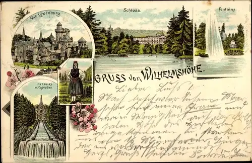 Litho Bad Wilhelmshöhe Kassel, Löwenburg, Schloss, Fontaine, Hercules, Kaskaden