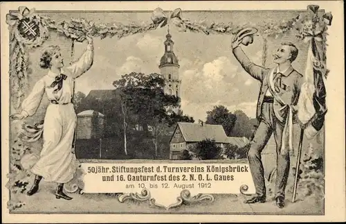 Ak Königsbrück, 50. jähr. Stiftungsfest d. Turnvereins, 16. Gauturnfest des 2. N. O. L. Gaues, 1912