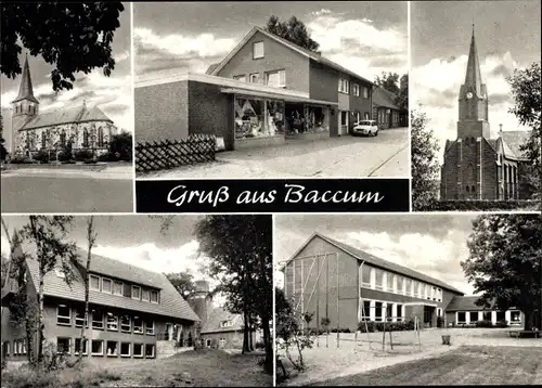 Ak Baccum Lingen Niedersachsen, Geschäft, Kirchen, Spielplatz