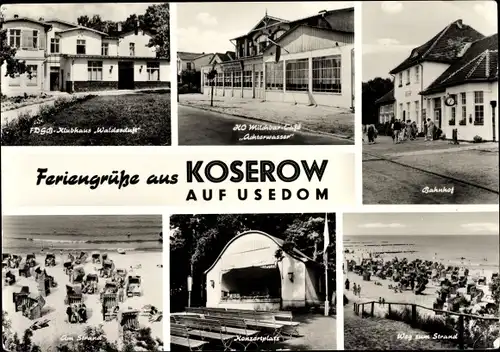 Ak Ostseebad Koserow auf Usedom, Bahnhof, Café Achterwasser, FDGB Klubhaus Waldesduft, Strand