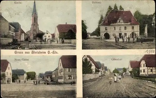 Ak Blotzheim Elsass Haut Rhin, Kirche, Rathaus, Neue Gasse, Oberdorf