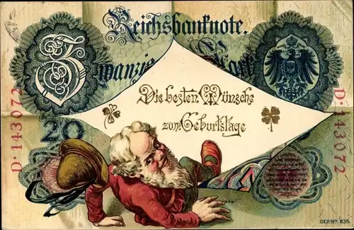 Geldschein Ak Glückwunsch Geburtstag, Reichsbanknote, Zwerg