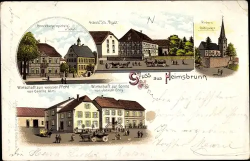 Litho Heimsbrunn Elsass Haut Rhin, Wirtschaft zum weißen Pferd, Zur Sonne, Haus Th. Rust, Kirche