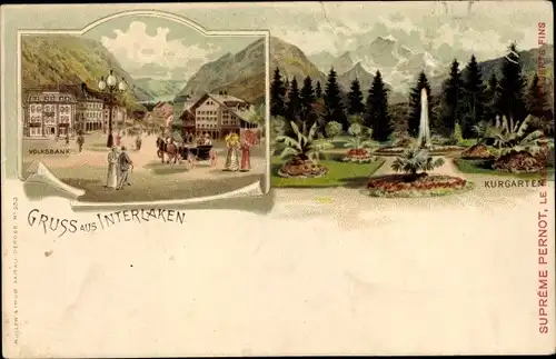 Litho Interlaken Kt. Bern Schweiz, Volksbank, Kurgarten