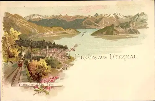 Litho Vitznau Kt. Luzern Schweiz, Rigi Bahn, Zahnradbahn, Landschaftspanorama