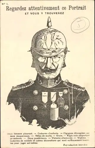 Künstler Ak Regardez attentivement ce Portrait, Kaiser Wilhelm II., Metamorphose, I. WK