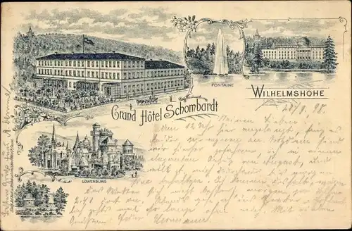 Litho Kassel in Hessen, Wilhelmshöhe, Hotel Schombardt, Löwenburg, Fontäne