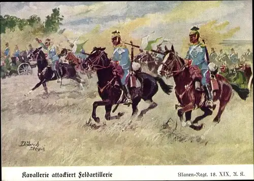 Künstler Ak Döbrich-Steglitz, Kavallerie attackiert Feldartillerie, Ulanen Regt 18 XIX Ak