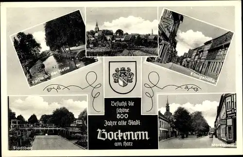 Ak Bockenem Niedersachsen, Nettepartie, Teilansicht vom Ort, Königstr., Stadtbad, Marktplatz, Wappen