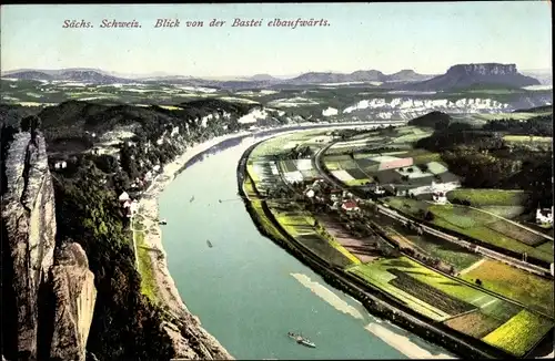 Ak Lohmen im Elbsandsteingebirge, Panoramablick v. d. Bastei elbaufwärts, Felder