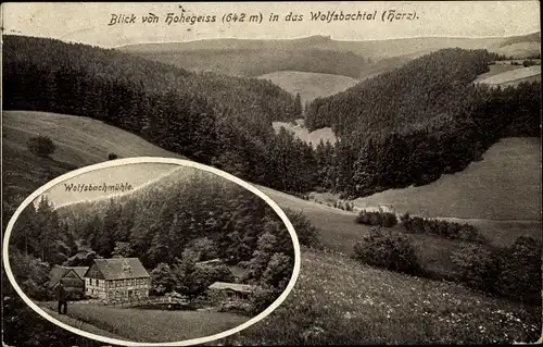 Ak Hohegeiß Braunlage Harz, Wolfsbachtal, Blick von Hohegrieß, Wolfsbachmühle, Wald