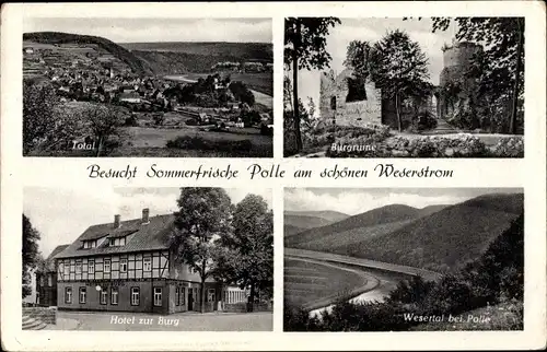 Ak Polle an der Weser in Niedersachsen, Totalansicht von Ort, Burgruine, Hotel zur Burg, Wesertal