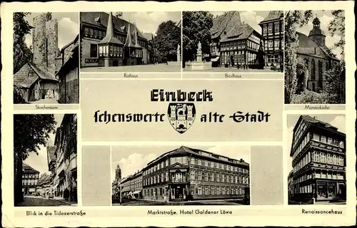 Ak Einbeck in Niedersachsen, Wappen, Storchenturm, Tidexerstraße, Marktstraße, Hotel Goldener Löwe