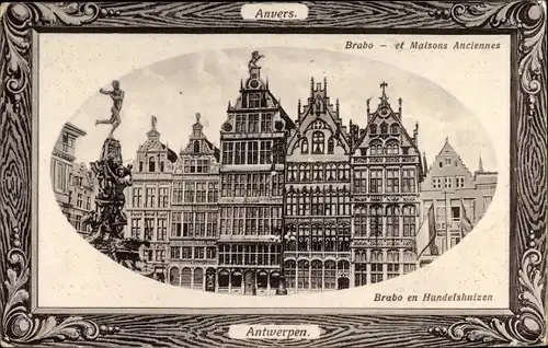 Präge Passepartout Ak Antwerpen Anvers Flandern, Brabo en Handelshuizen