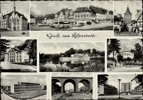 Ak Helmstedt in Niedersachsen, Brunnentheater, Berufsschule, Quellenhof, Hausmannsturm, Markt