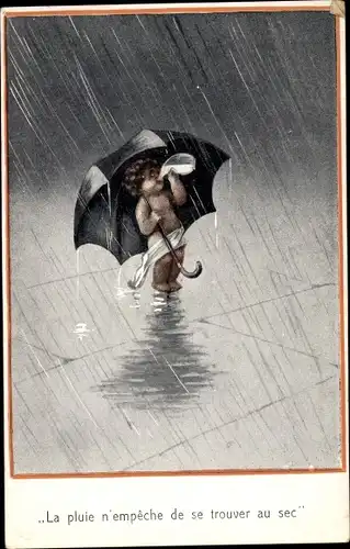 Künstler Ak La pluie n'empeche de se trouver au sec, Amor, Regenschirm