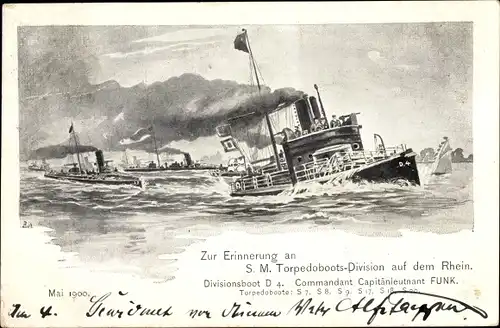 Künstler Ak Deutsche Kriegsschiffe, SM Torpedoboots Division auf dem Rhein, Divisionsboot D 4