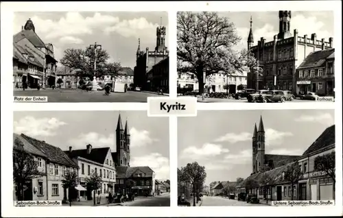 Ak Kyritz Prignitz, Platz der Einheit, Rathaus, Sebastian Bach Straße, Kirche, Geschäft Goebler