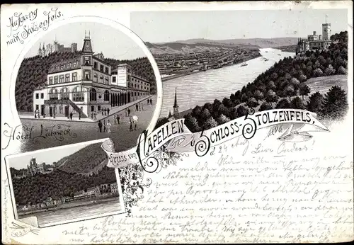 Litho Koblenz in Rheinland Pfalz, Schloss Stolzenfels, Hotel Lahneck